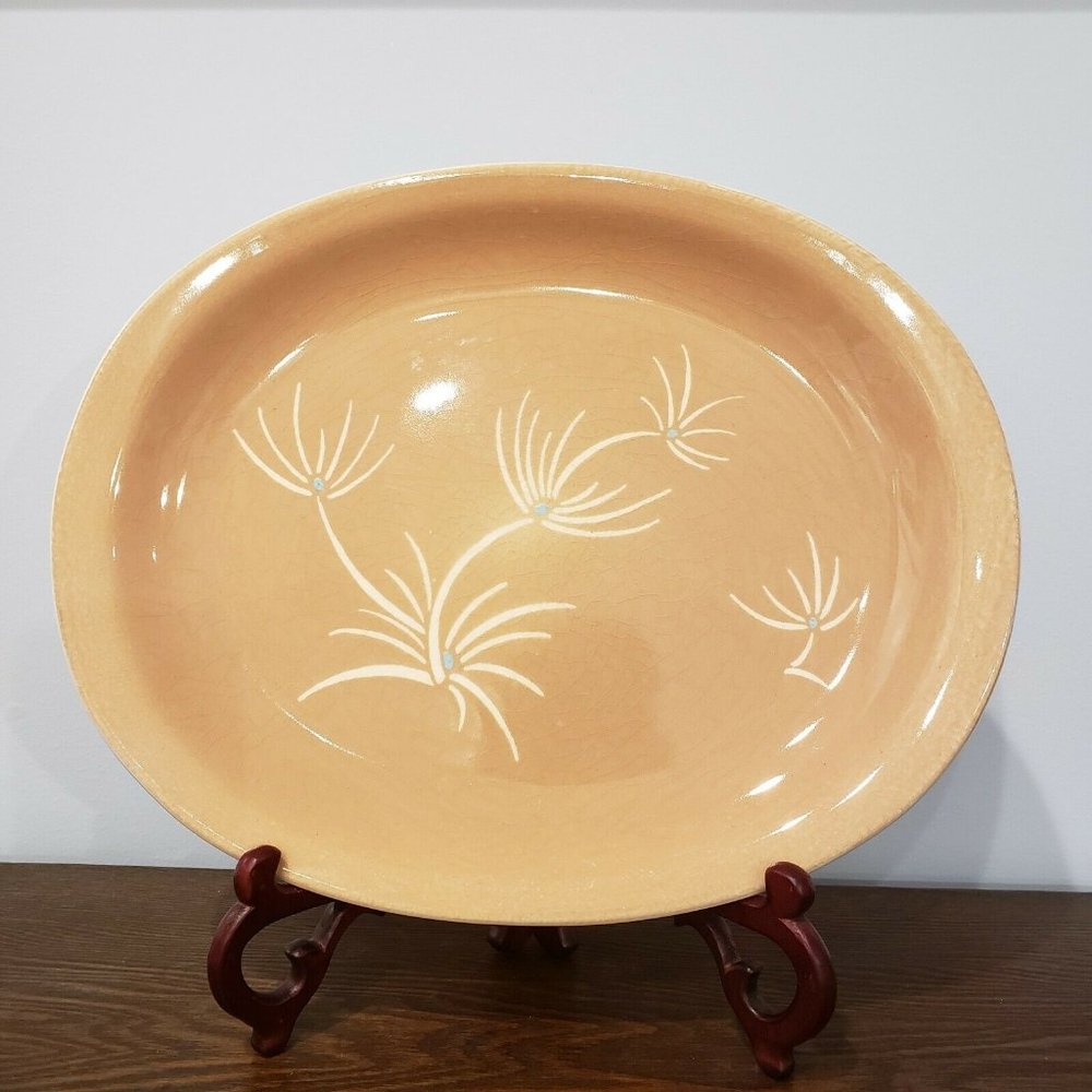 Vintage Harkerware Floral Oval Platter MCM Mid Century Modern Brown Taupe Plate